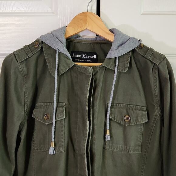 Jason Maxwell Womens Green  & Gray Jacket Size Med Button Front Hooded Gorpcore - Picture 6 of 10